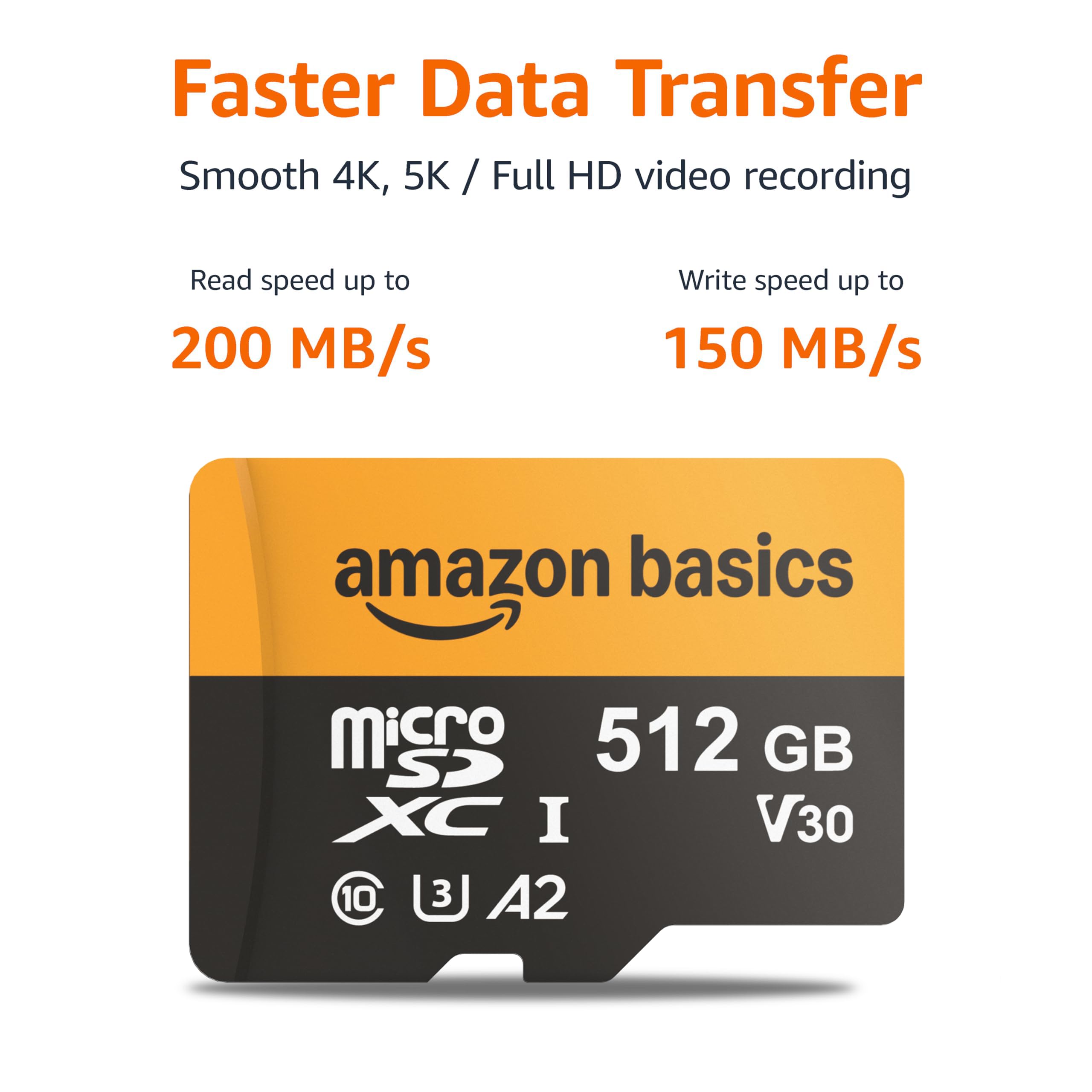 Amazon Basics 512GB microSDXC Card with Adapter, Read Speed Up to